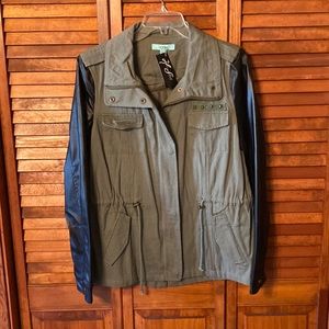 KARLIE Military studded jacket with black pleather sleeves. NWT!